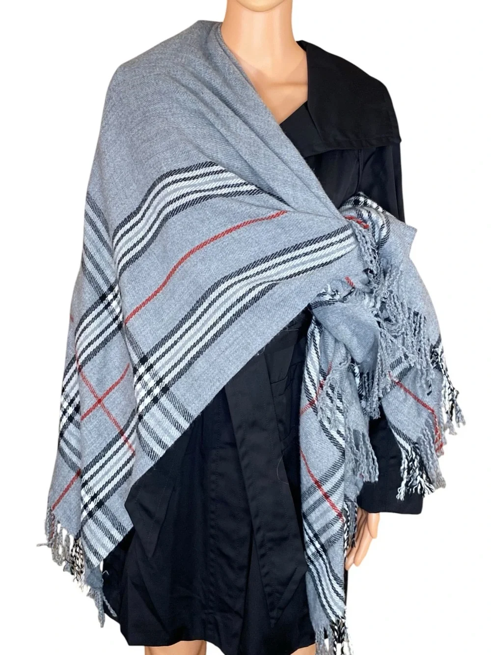V. FRAAS Dark Academia Plaid Scarf Gray Black Burgundy Long Elegant Fringed